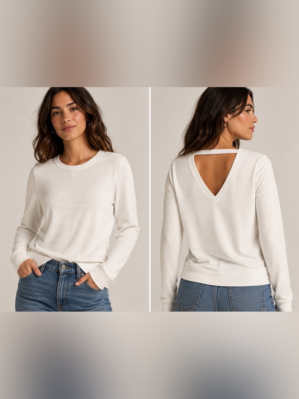 Red Haute Open-Back Ribbed Long Sleeve Top- Cream
